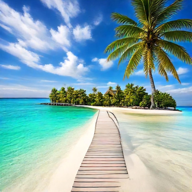 a wooden walkway leads to a beach that has palm trees on it