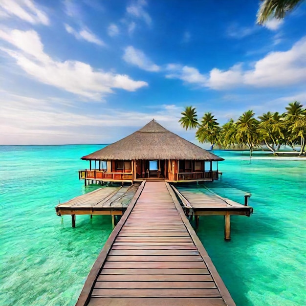 a wooden walkway leads to a beach that has palm trees on it