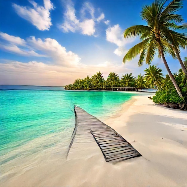 a wooden walkway leads to a beach with a bridge in the water