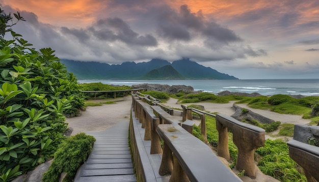 a wooden walkway leads to a beach with mountains in the background