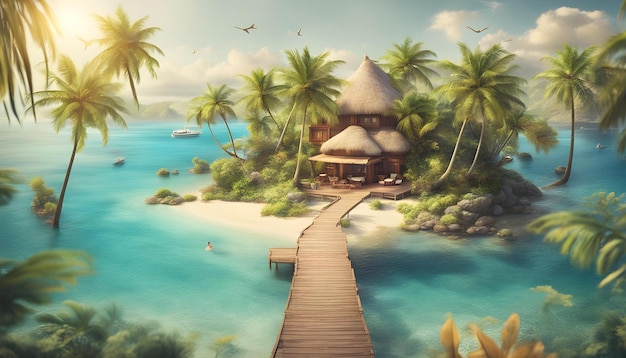 a wooden walkway leads to a beach with palm trees and a wooden walkway