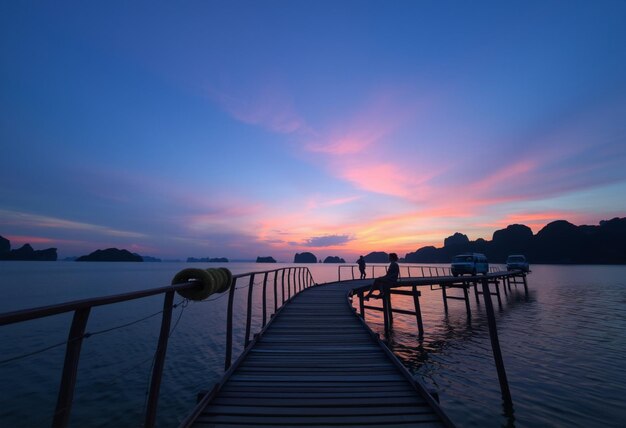 a wooden walkway leads to a dock that has a sign that says  sunset