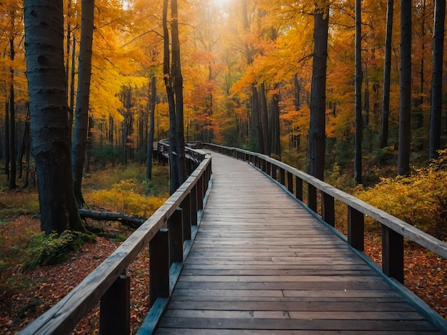 a wooden walkway leads to a forest with trees and a bridge