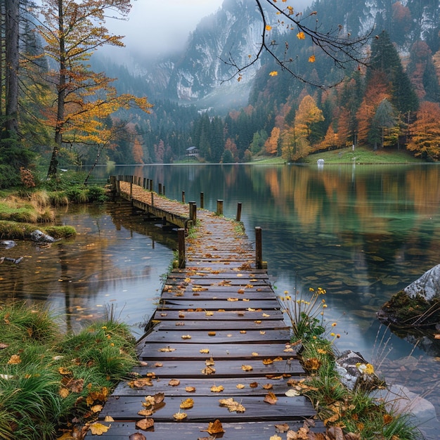 Photo a wooden walkway leads to a lake with leaves on the ground