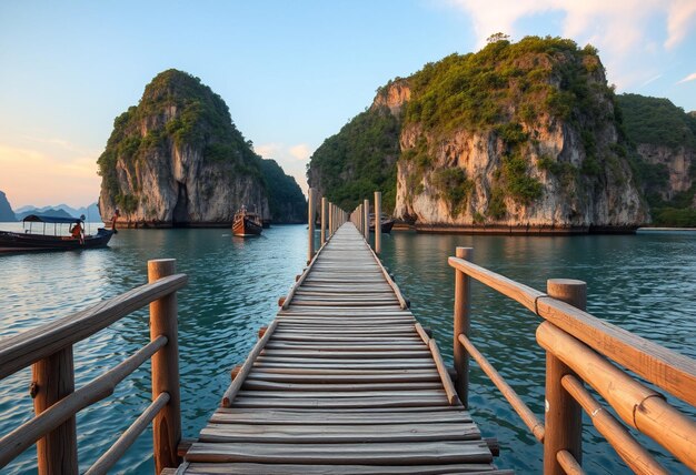 a wooden walkway leads to a large rock formation