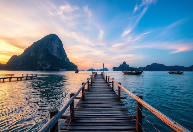 a wooden walkway leads to a mountain with a boat in the water