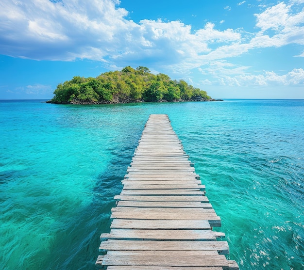 a wooden walkway leads to a small island in the ocean