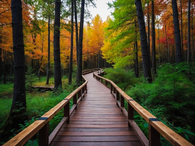 a wooden walkway leads through a forest with a forest in the background