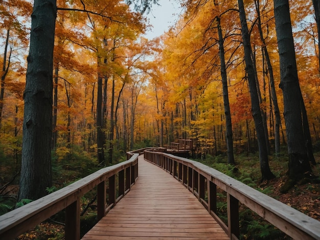 a wooden walkway leads through a forest with trees and a sky background