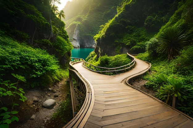 Wooden walkway to a waterfall