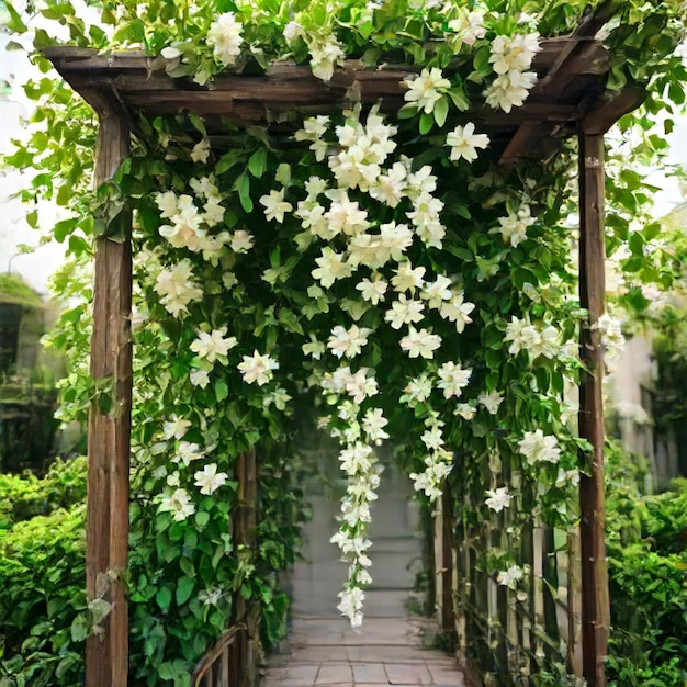 a wooden walkway with flowers on it and a wooden walkway