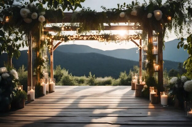 Photo a wooden walkway with lights and a table with a view of the mountains