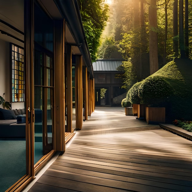 A wooden walkway with a view of the forest and the sun shining through the trees.