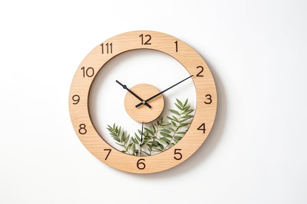 Wooden Wall Clock with Green Leaves