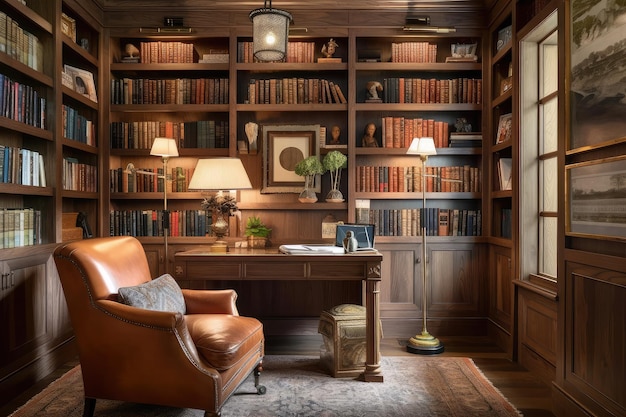 Wooden wall with builtin bookshelves and cozy armchair in the study room created with generative ai