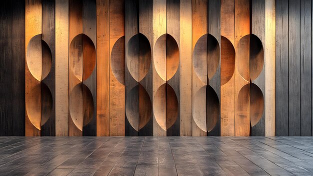 Wooden Wall with Curved Panels and Dark Wood Floor