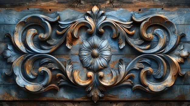 a wooden wall with a flower design on it and a flower on the right