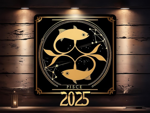 Photo a wooden wall with a gold pisces zodiac sign with 2025 year on it