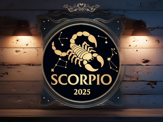 Photo a wooden wall with a gold scorpio zodiac sign with 2025 year on it