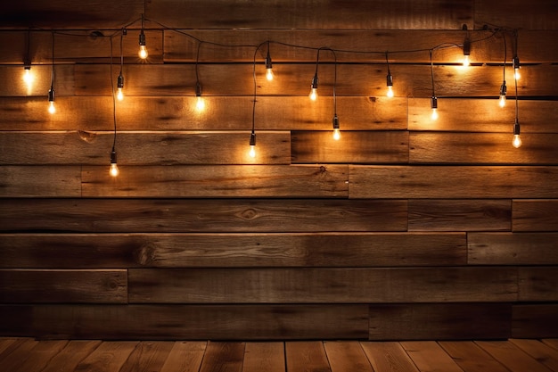 A wooden wall with lights on it