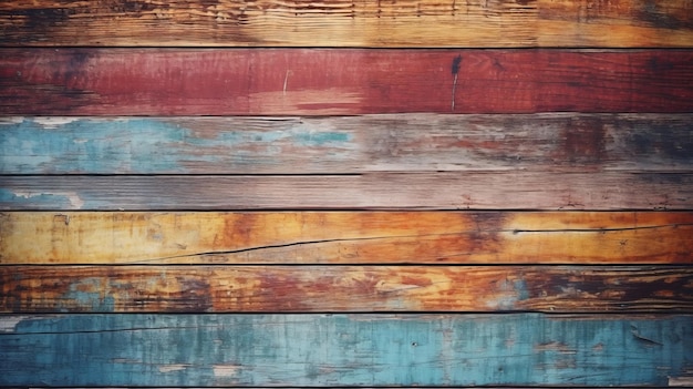 A wooden wall with a red and blue color.