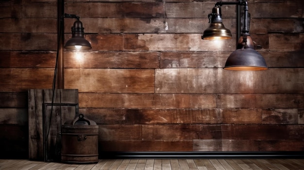 A wooden wall with three lamps hanging from the ceiling