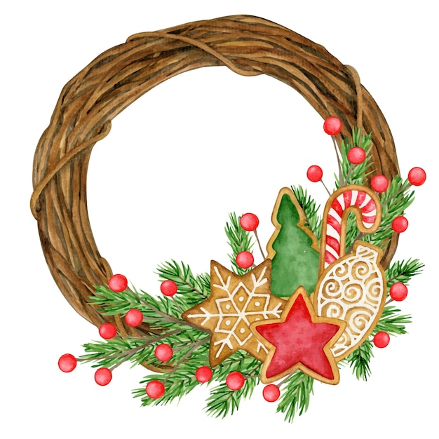 Wooden watercolor cookies decorated Christmas wreath