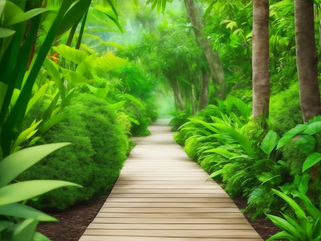 A wooden way in green garden Generative AI Illustration