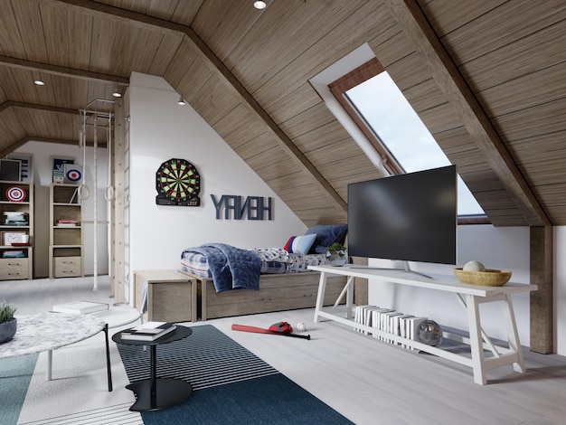 Wooden white designer table with a TV next to the cot, a children's room on the attic. 3D rendering.