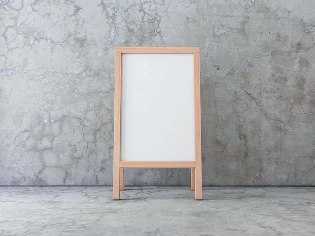 Wooden White Menu Board Mockup in empty concrete room, easel Stand,  3d rendering