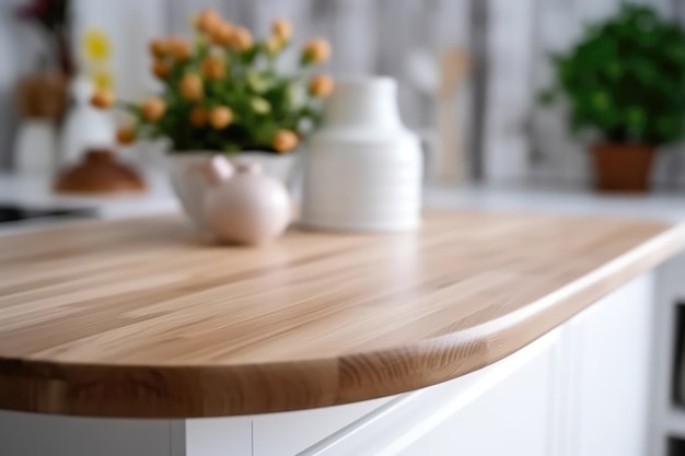 Wooden White Podium Countertop On Blurry Modern Kitchen Closeup Generative AI