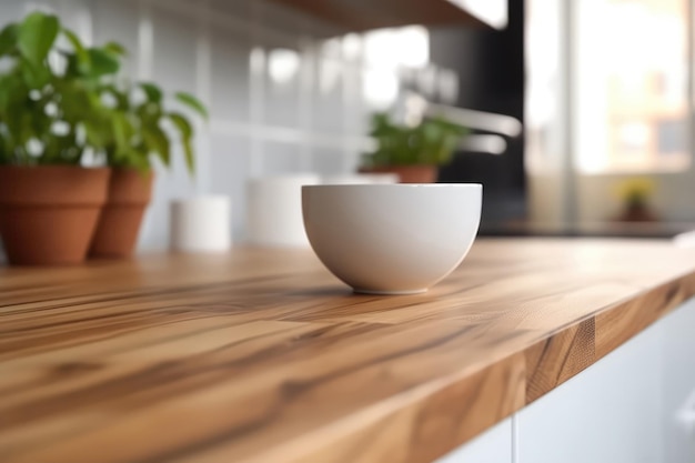 Wooden White Podium Countertop On Blurry Modern Kitchen Closeup Generative AI