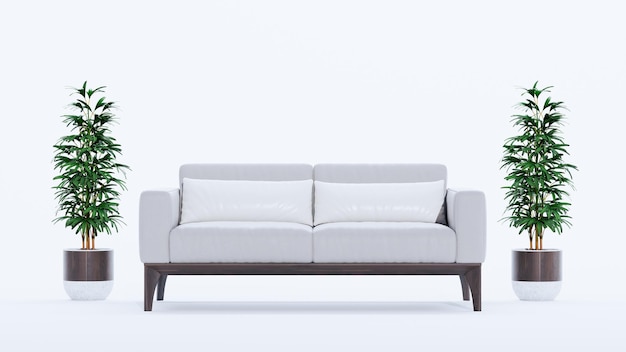 Wooden and white sofa with plants isolated on a white background 3D render