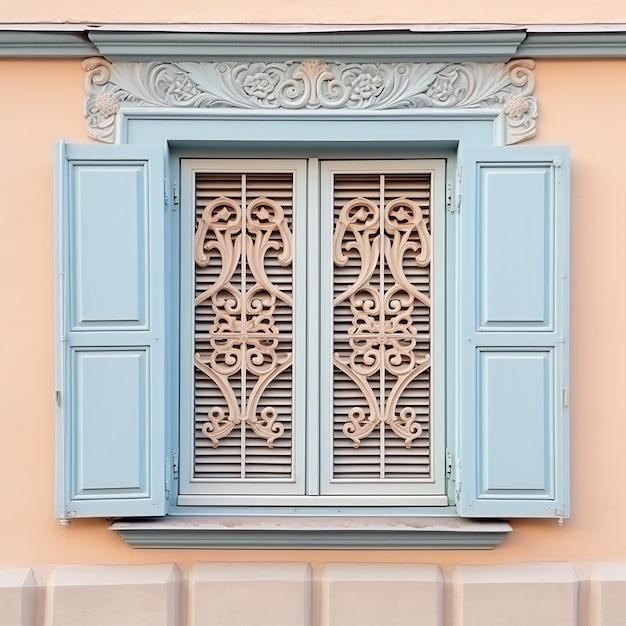 Wooden window shutters on a background of a wall painted in pastel colors Pale blue European style