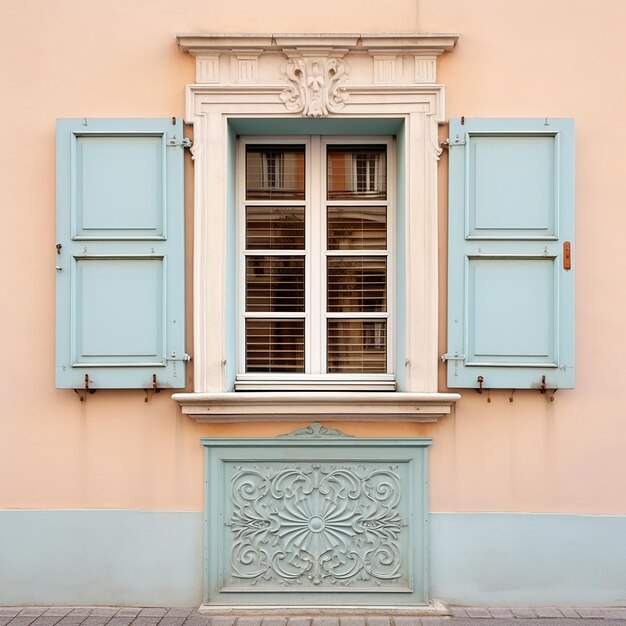 Wooden window shutters on a background of a wall painted in pastel colors Pale blue European style