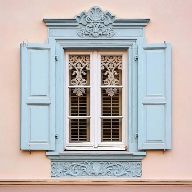 Wooden window shutters on a background of a wall painted in pastel colors Pale blue European style