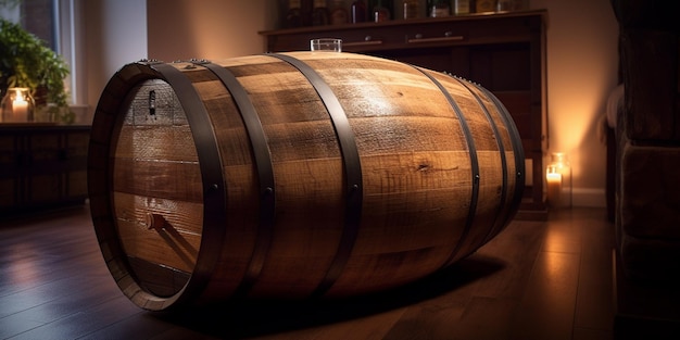 Wooden wine barrel in front of blurred background