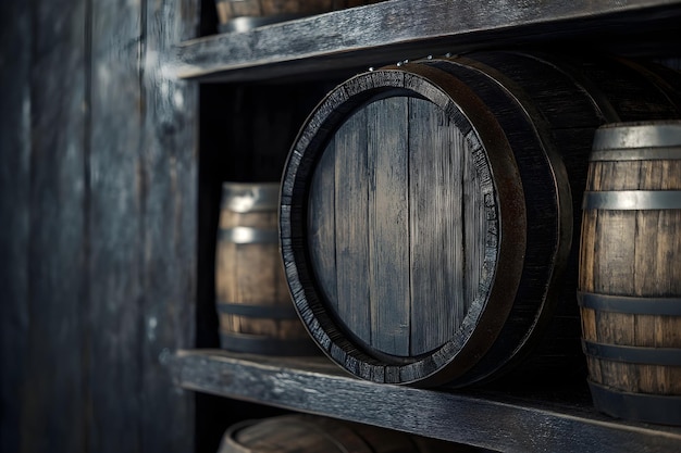 Photo wooden wine or cognac oak barrels stacked in cool cellar in distillery house craft beer or brandy