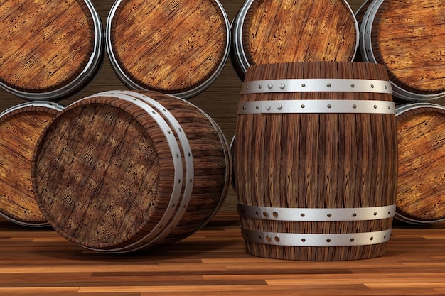 Wooden winery barrel with warm color background 3d rendering