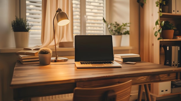 Wooden work desk with laptop and documents books modern interior of cozy cabinet tab Generative AI