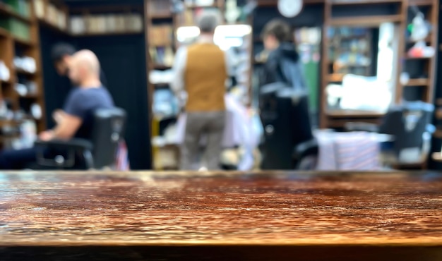 wooden worn surface on a blurry background of a barber shop