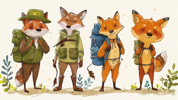 Photo woodland animals scouts illustration whimsical adventure foxes in hiking gear illustration