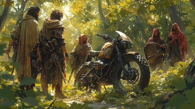 Woodland Assembly Medieval Band Surrounding a Modern Motorcycle in a Sunlit Forest