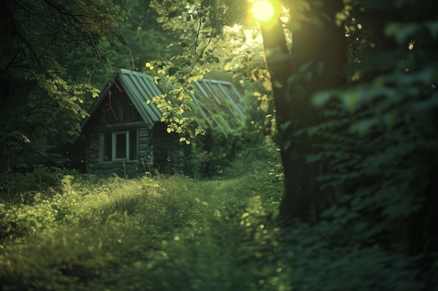 Photo woodland cabin at sunset