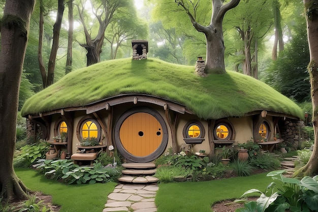 Photo in a woodland fantastical hobbit homes generative ai