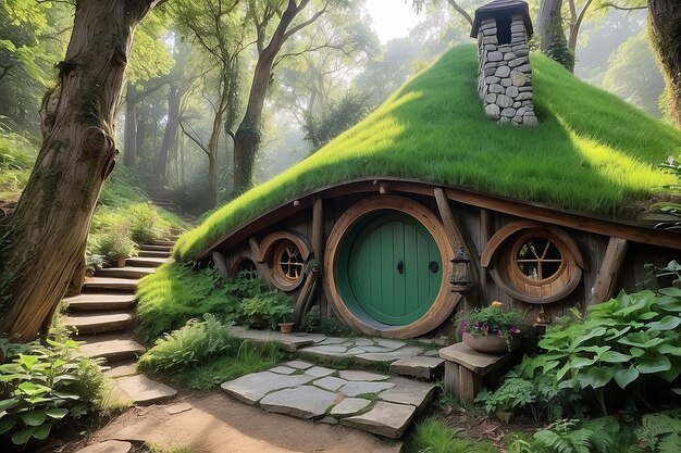 Photo in a woodland fantastical hobbit homes generative ai