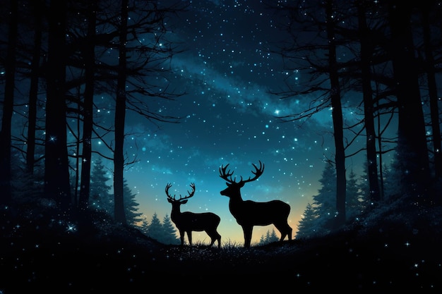 A woodland silhouette with a family of deer grazing under a starry sky