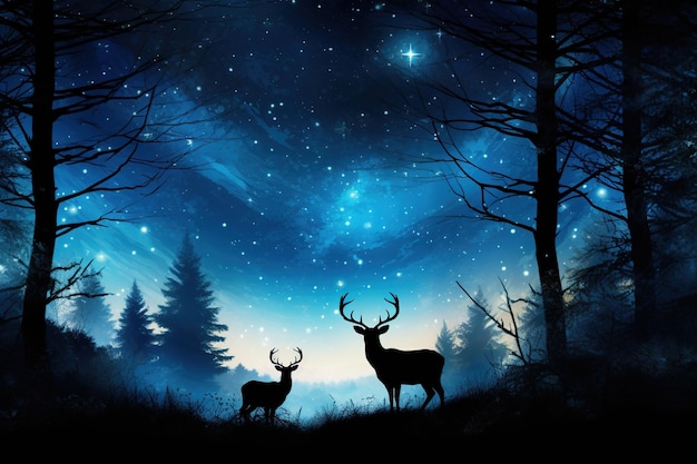 A woodland silhouette with a family of deer grazing under a starry sky