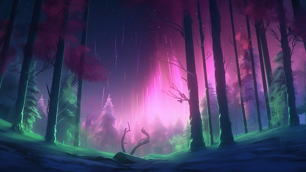 Woodland with northern lights digital art illustration Generative AI