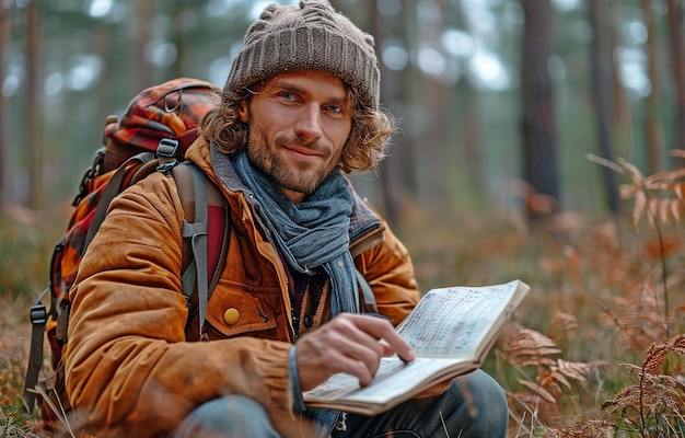 In the woodland a young attractive man is lounging while using a digital tablet